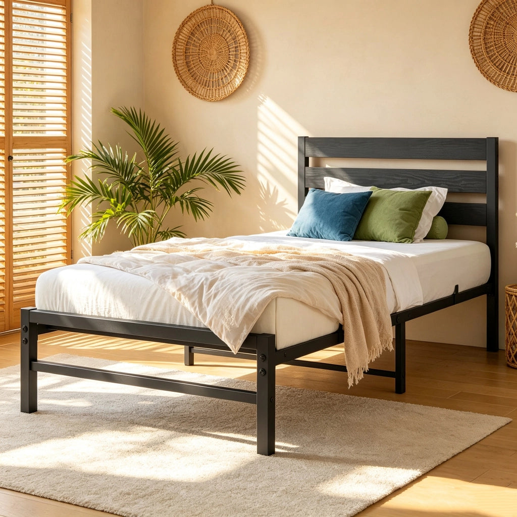 Letto singolo 90x200 cm in metallo e MDF con testiera a pannelli; nero