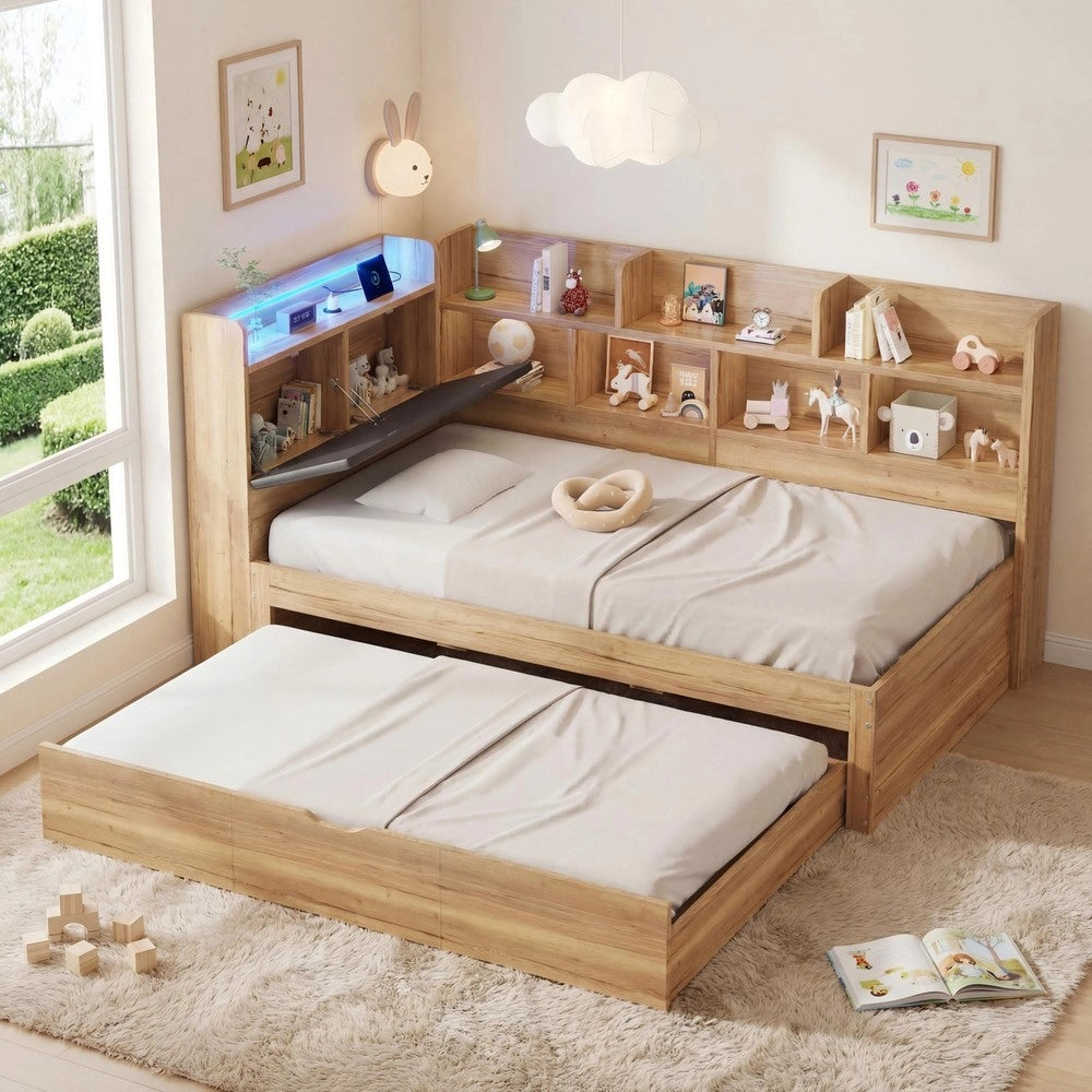 Letto Bambini a Soppalco con Cassetti, LED e Ripiani ¨C Xylo ¨C Legno Naturale 90x200