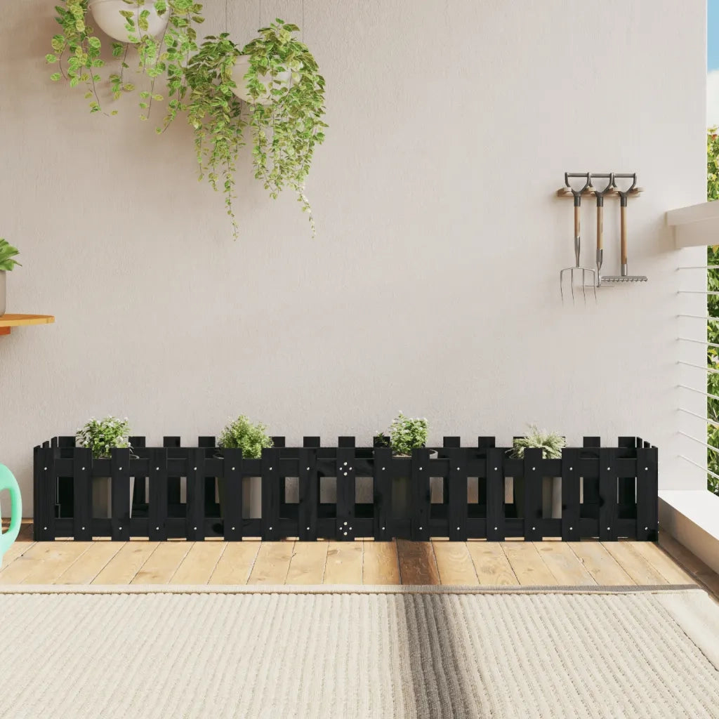 Fioriera | Cassetta per fiori | Vaso Giardino a Recinzione Nera 200x30x30cm Massello Pino