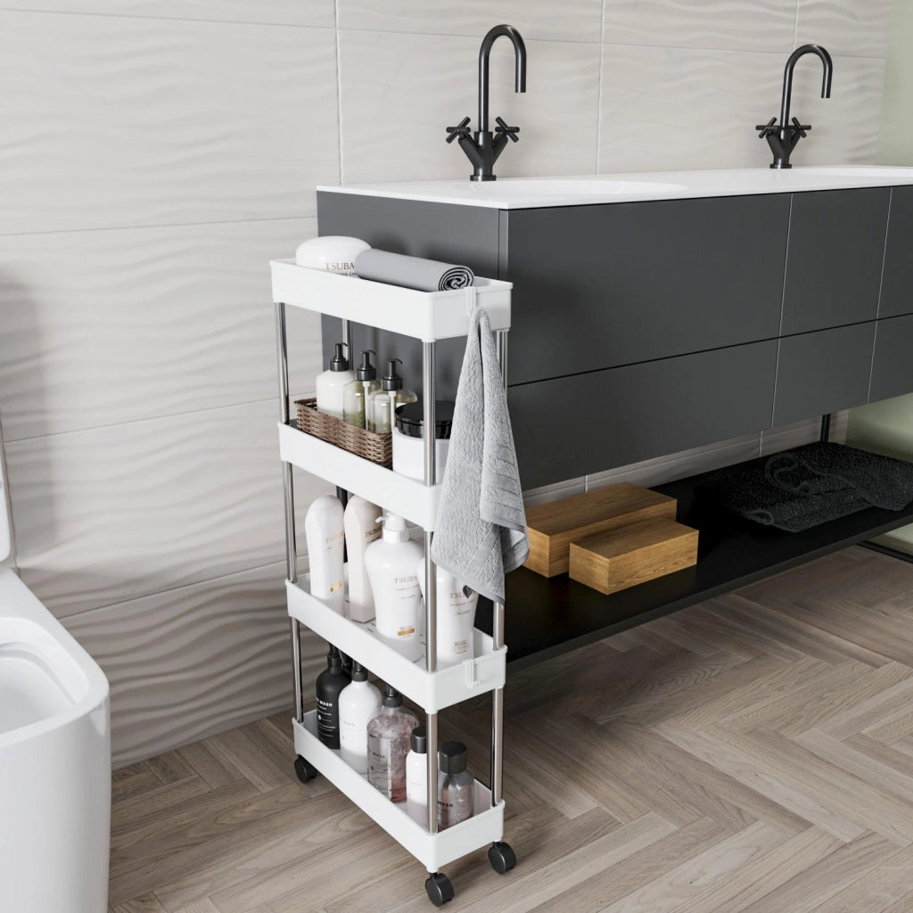 Carrello Portaoggetti A 4 Ripiani Mobile Salvaspazio In Plastica Con Ruote Struttura In Acciaio Per Spazi Ridotti Cucina Bagno Lavanderia Camera Da Letto Salotto Studio 40 x 13 x 85 Cm Bianco