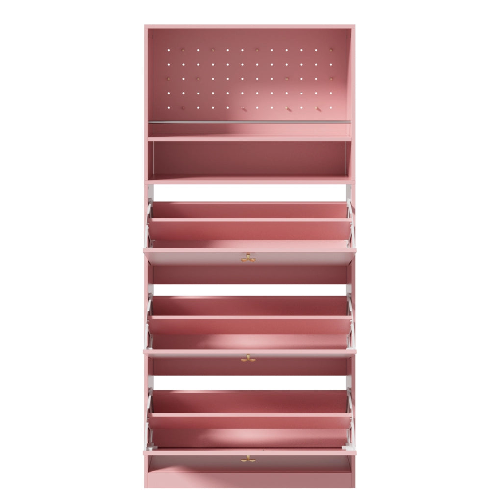 Scarpiera alta e stretta con 3 vani a ribalta, vano aperto superiore e cassetti, colore rosa, 80 ¡Á 24 ¡Á 178,5 cm