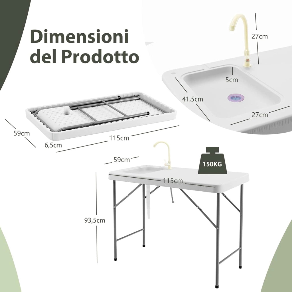 Tavolo da Campeggio Portatile, Tavolo Pieghevole con Lavandino, Rubinetto, Tubo di Scarico, Tavolo da Esterno, per Picnic e Campeggio, 115 x 59 x 93,5 cm, Portata 150 kg (Modello 6)