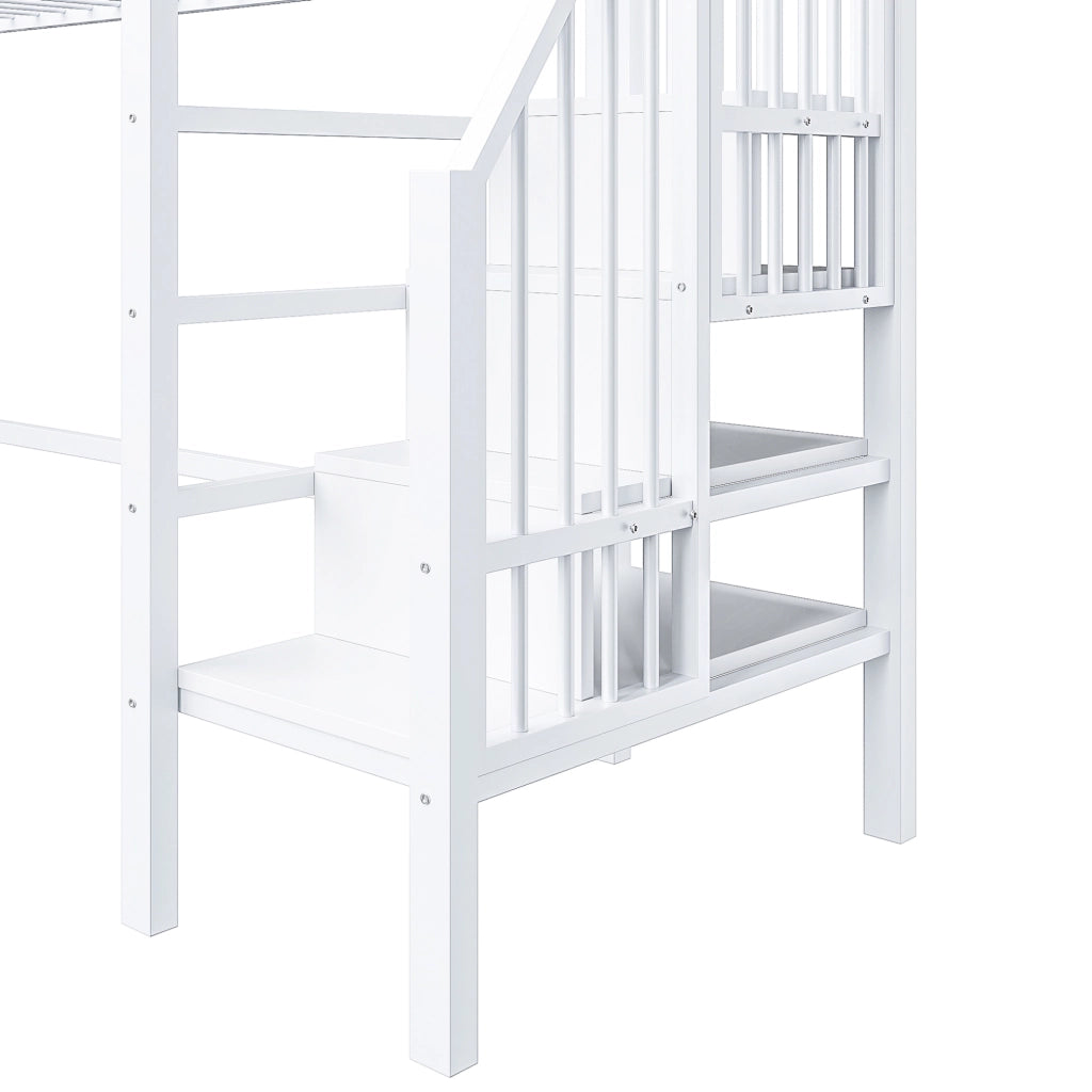 Letto a soppalco per bambini 90x200 cm con scaffali e scala contenitore; bianco; in metallo e MDF