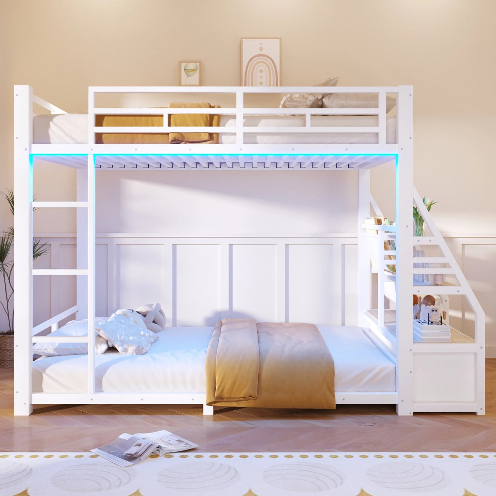 DESMIU Letto a castello 90 × 200 cm 2 posti con LED, ripiani e 2 cassetti in tessuto, senza materasso, bianco
