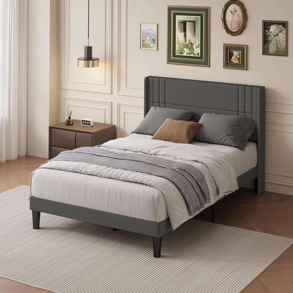 Letto imbottito 140x200 cm, con testiera e rete a doghe, robusto letto in tessuto per ragazzi e camere degli ospiti, struttura imbottita,Grigio scuro