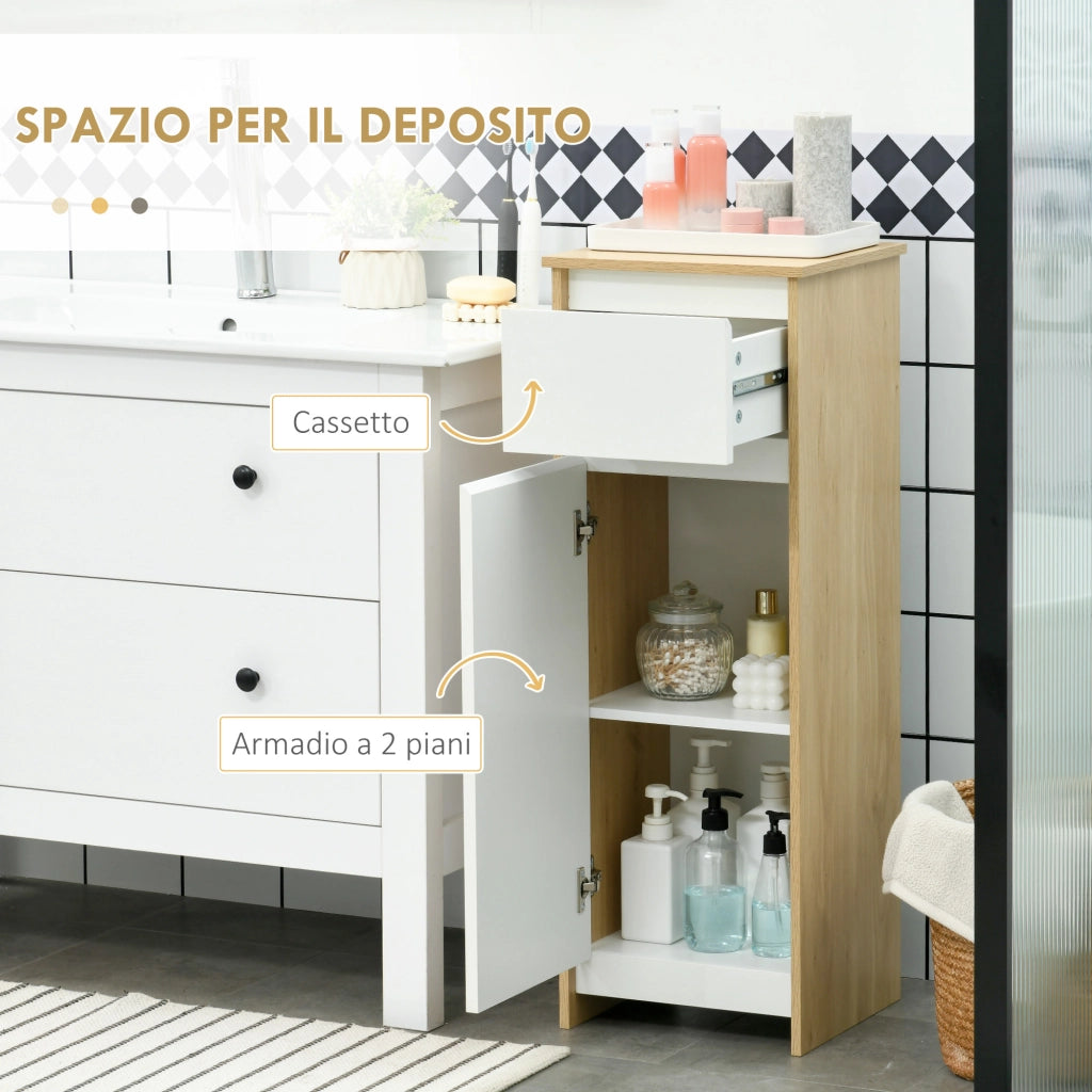 Mobile Bagno con Cassetto e Armadietto con Ripiano Regolabile Interno, in MDF, 32.6x30x90 cm