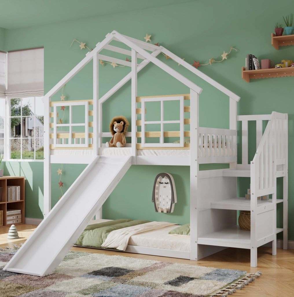 Letto a castello per bambini 90x200 cm con scivolo, bianco