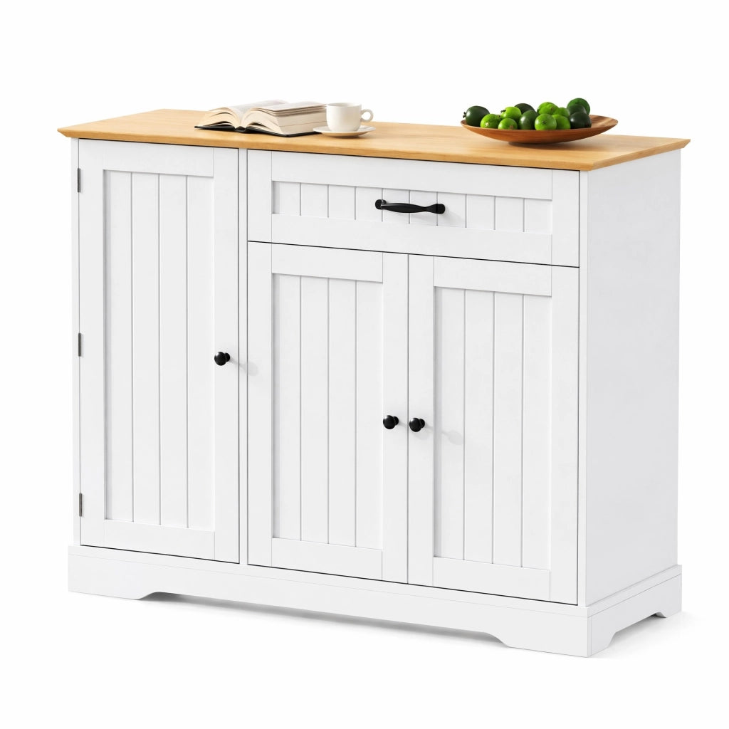 Credenza bianca e naturale in MDF, 3 ante e cassetto con ripiani regolabili