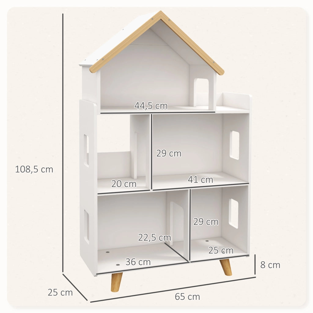 Libreria per bambini forma casa 3 ripiani ¨C zephmum ¨C bianco e naturale 65x25x108.5 cm