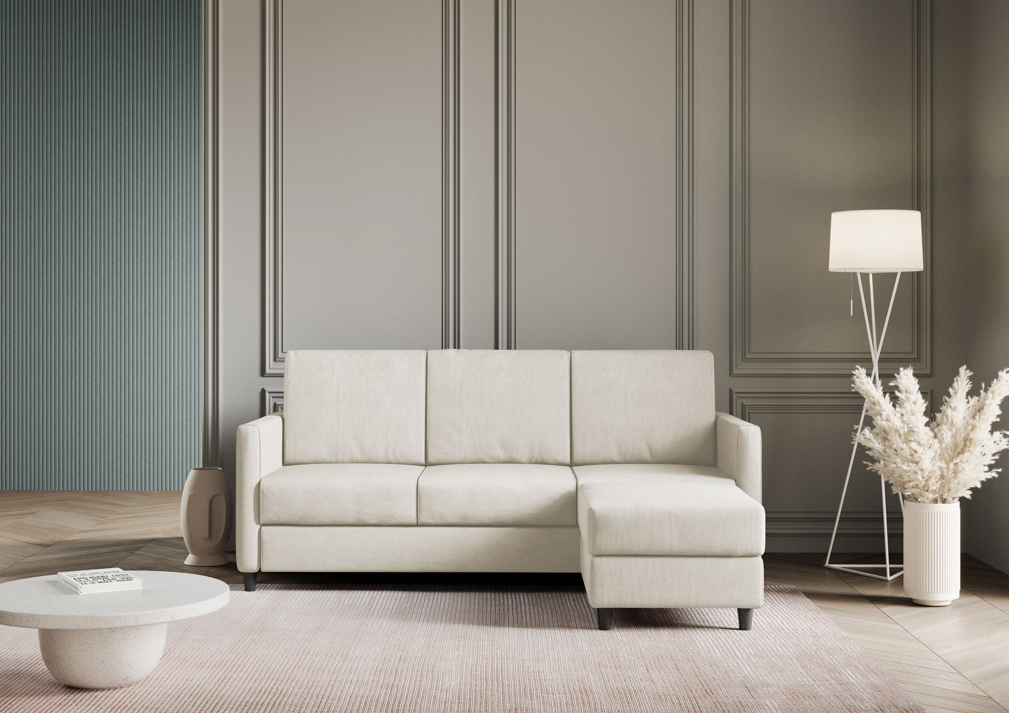 Divano 3 Posti con Pouf 198x155x85 cm Karay in Tessuto Latte