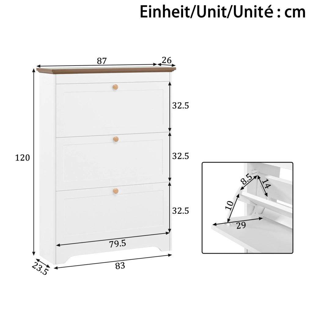 Scarpiera salvaspazio con 3 ribalte 87 x 26 x 120 cm in MDF bianco con piano marrone