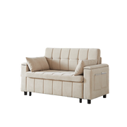 Divano letto 2 posti estraibile con contenitore nei braccioli e tasche laterali in ciniglia beige
