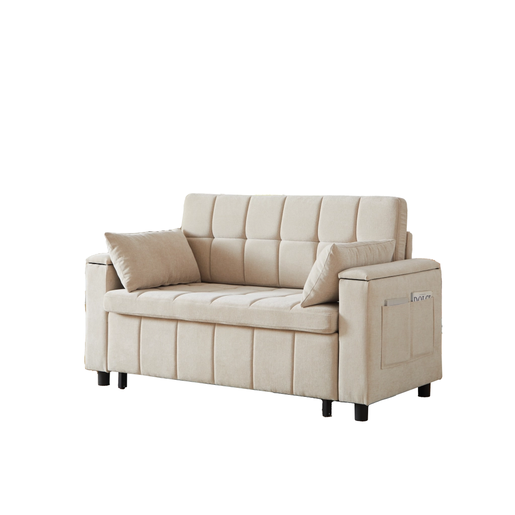 Divano letto 2 posti estraibile con contenitore nei braccioli e tasche laterali in ciniglia beige