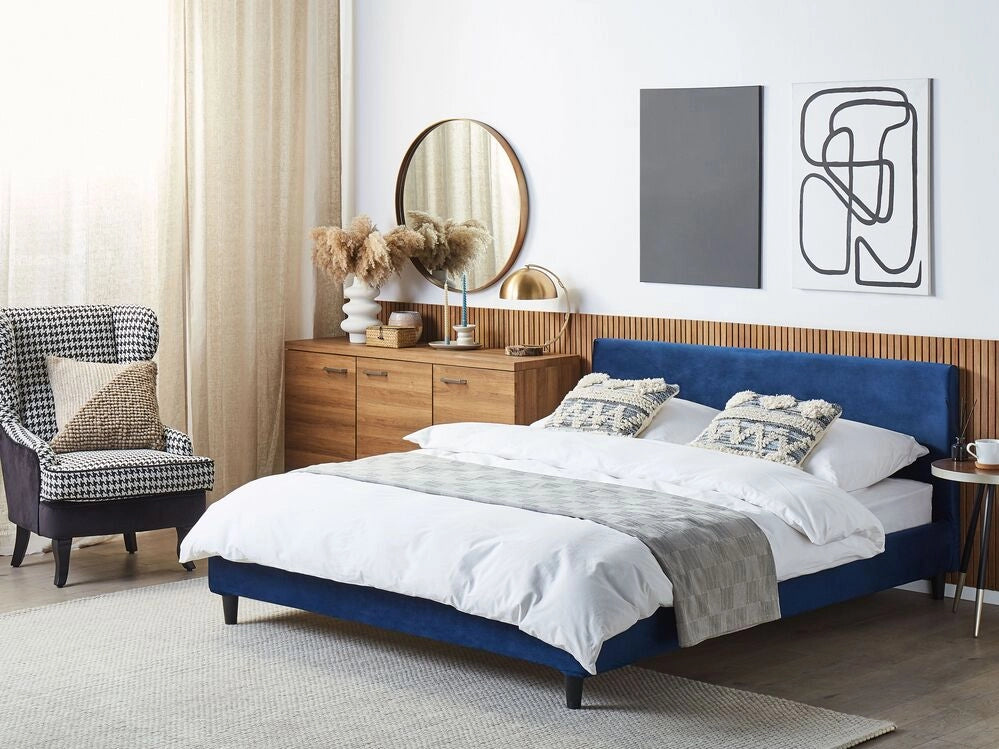 Letto 160 x 200 cm con rete a doghe in velluto blu contemporaneo