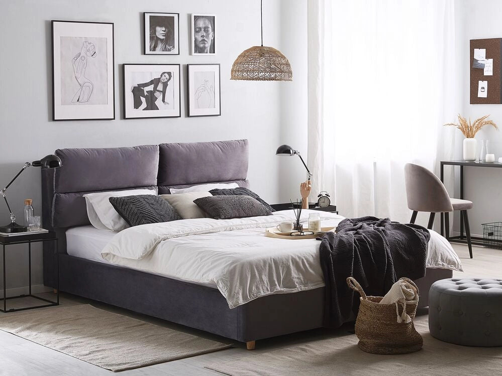Letto matrimoniale con contenitore velluto grigio 180 x 200 cm
