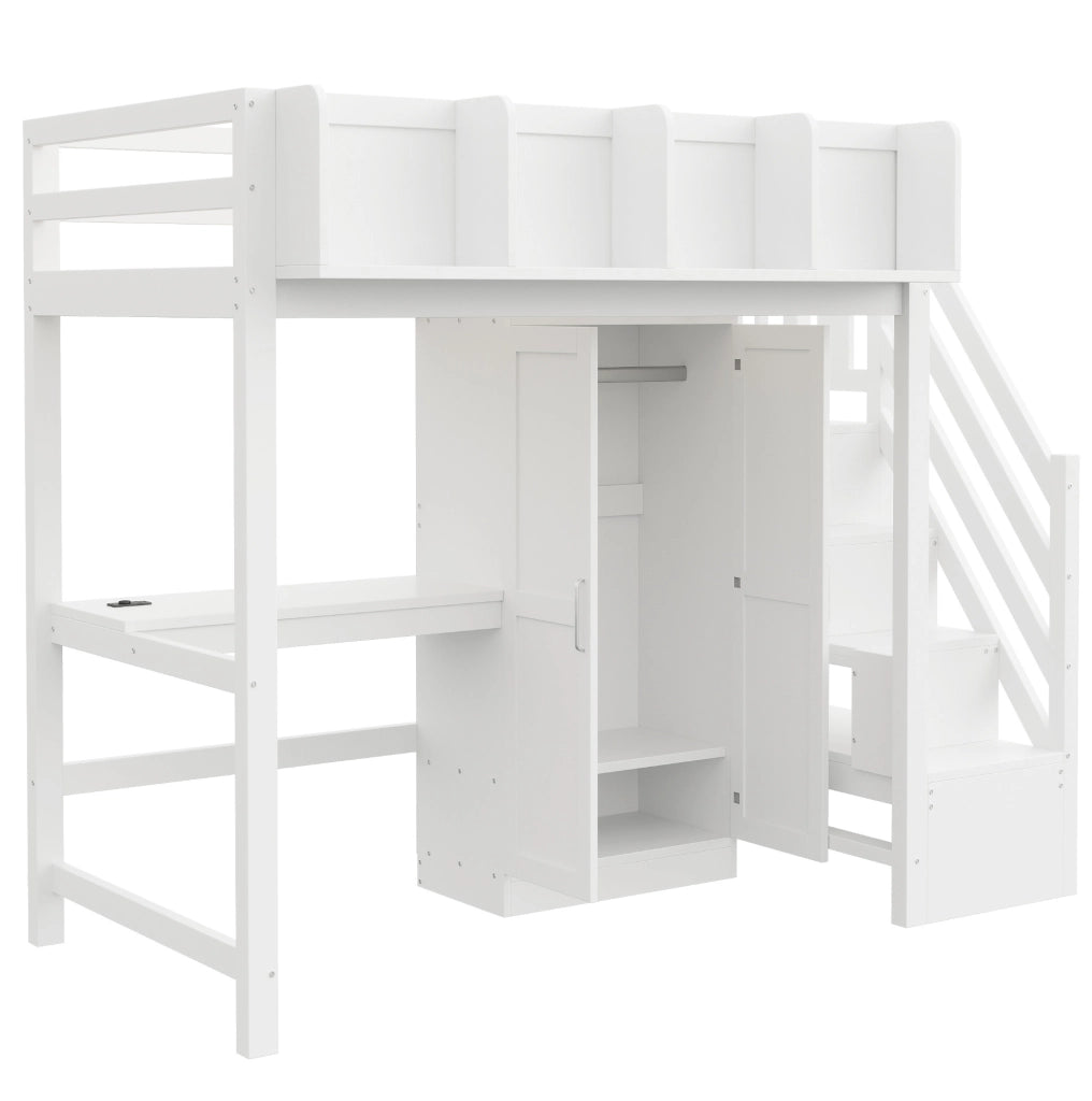 Letto a soppalco ULEVR 90x200 cm con scrivania, armadio, LED e prese integrate, bianco