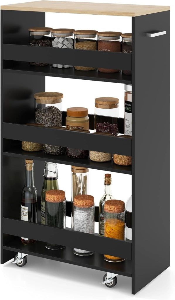 Carrello per Nicchia con Ruote, 4 Livelli，Carrello di Servizio Stretto Salvaspazio, da Bagno, Scaffale da Cucina Sottile 47,5 x 13 x 80,5 cm (Naturale+Nero, Largo 25 cm)