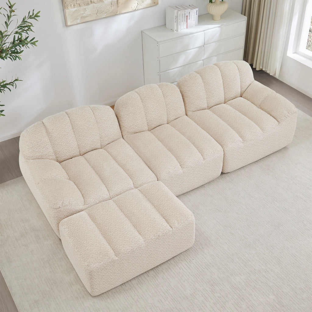 Divano modulare angolare 3 posti con pouf; 288 x 165 x 79 cm; beige e bianco