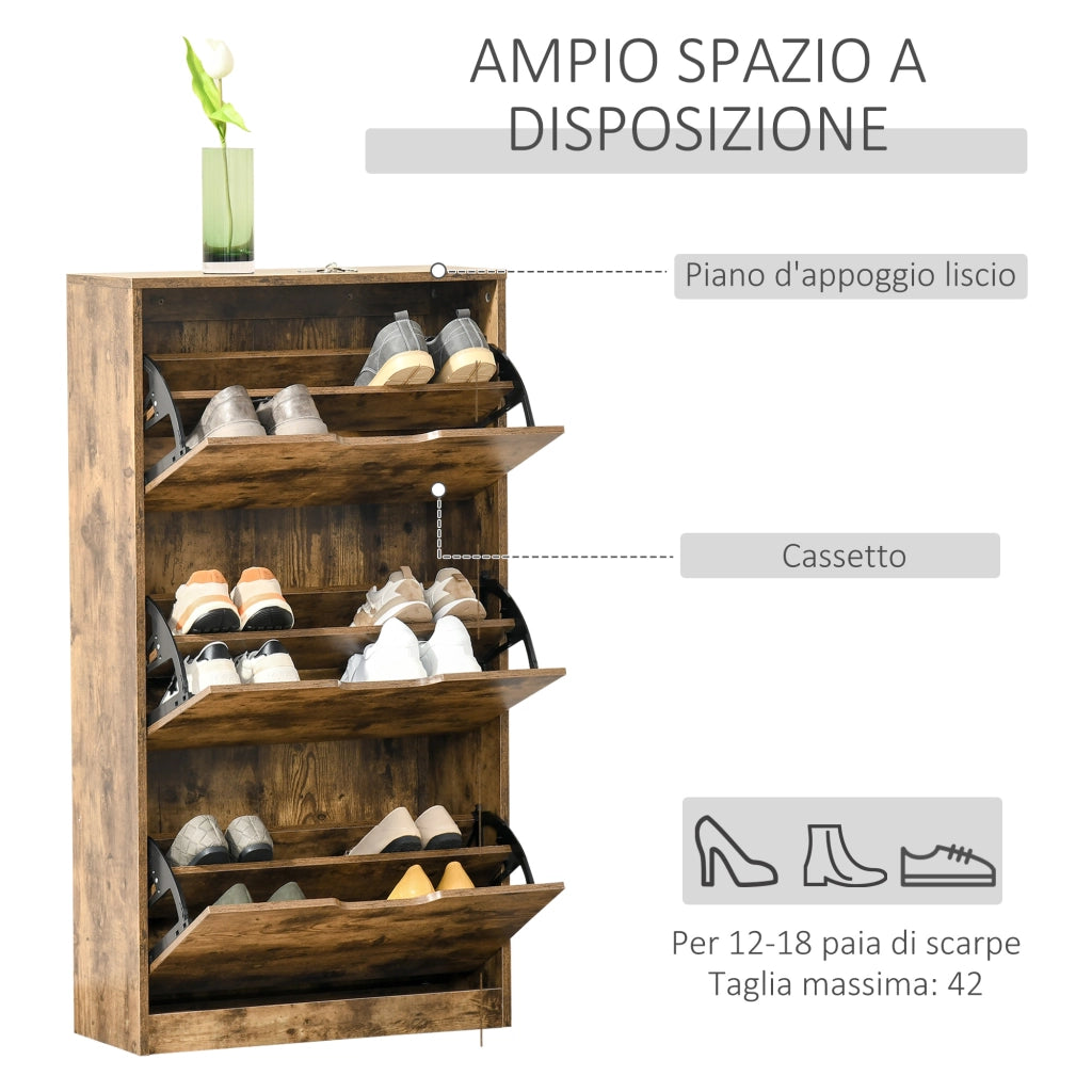 Easycomfort Mobile Scarpiera Salvaspazio a 3 Ante con Mensole Regolabili per 12-18 Scarpe, in Legno, 62.5x26x117.5cm, Marrone Rustico
