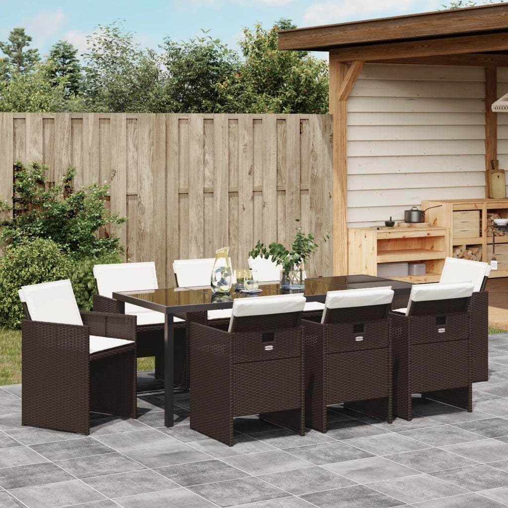 Set Pranzo Giardino 9 Pezzi con Cuscini in Rattan Marrone Poly