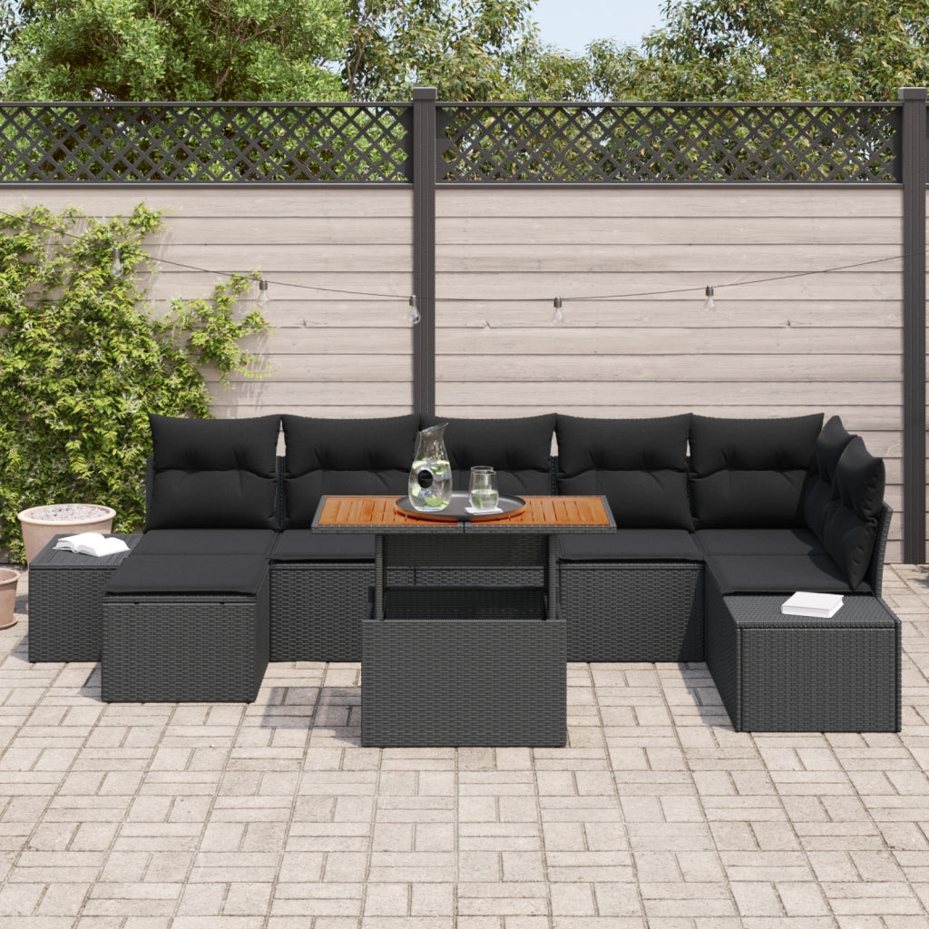 Set da pranzo da giardino in 8 pezzi con cuscini in polyrattan nero e acacia