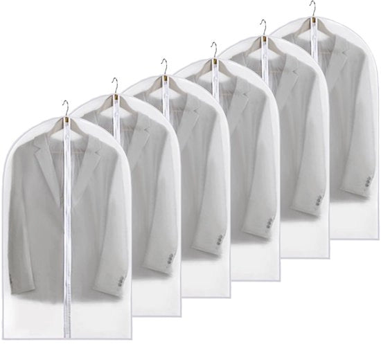 Zak per abiti, lungo, 6 pezzi, sacchetti per abiti trasparenti con chiusura a cerniera, 60 x 100 cm, per la conservazione di camicie, gonne e giacche, bianco