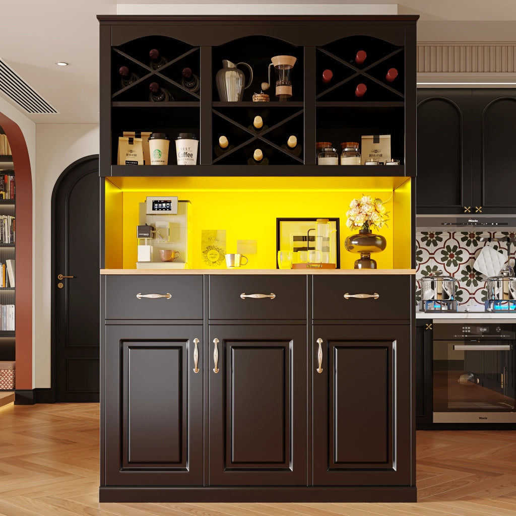 OKWISH Credenza da Cucina Alta con 3 Ante e 3 Cassetti, Ripiani Regolabili, LED, per Cucina, MDF, Nero, 120×40×180 cm