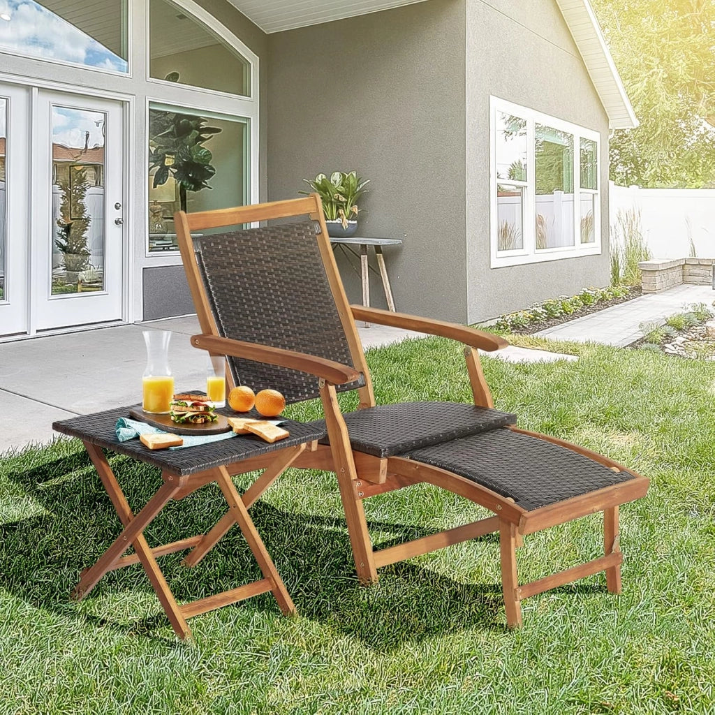 Set di 2 Mobili da Giardino Pieghevoli, Mobili da Giardino in Rattan, Sedia a Sdraio Retrattile con Tavolino Prendisole, Mobili Lounge per Giardino, Terrazza e Balcone
