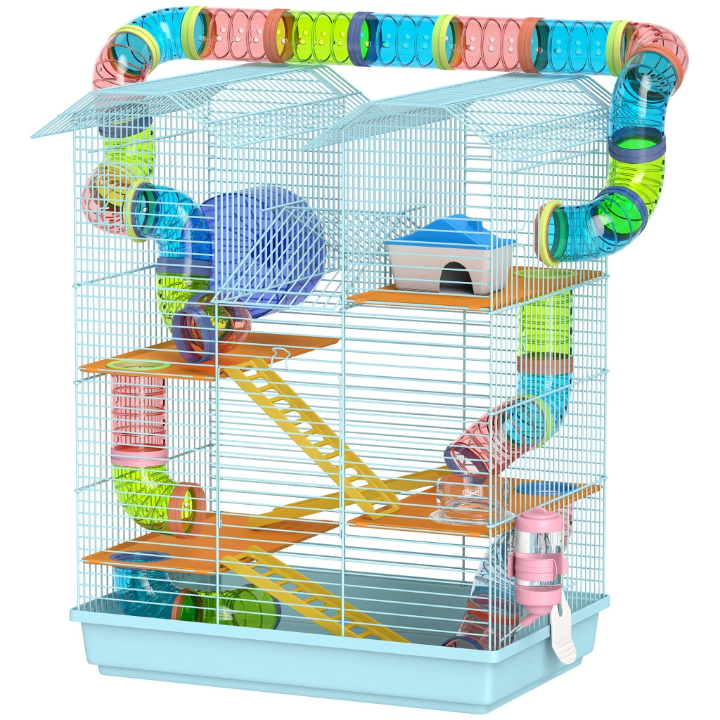 Gabbia per Criceti a 5 Piani con Tubi Colorati, Ruota, Casetta e Accessori, 47x30x59 cm, Azzurro