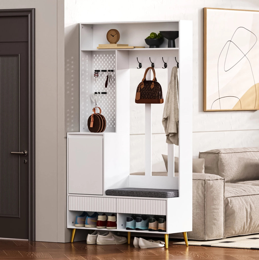 Mobile guardaroba da ingresso 6 in 1 in MDF bianco con panca e cuscino