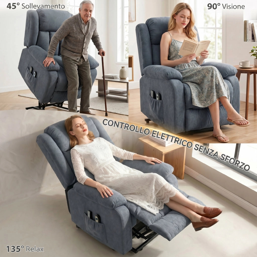 Poltrona Elettrica Alzapersona 91x93x103 cm Reclinabile a 135° con Poggiapiedi in Tessuto Effetto Lino Grigio