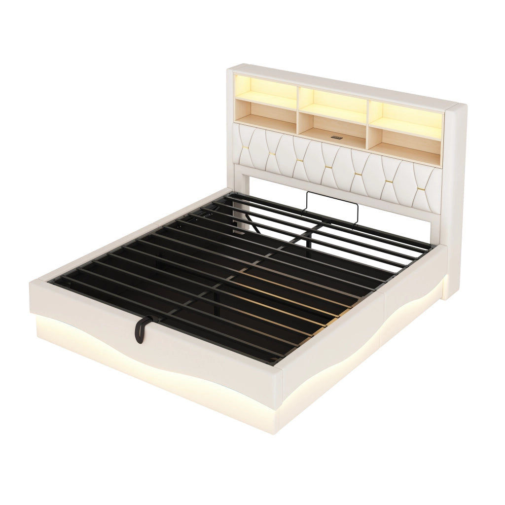 Letto matrimoniale imbottito 180x200 con contenitore idraulico; LED e USB; beige