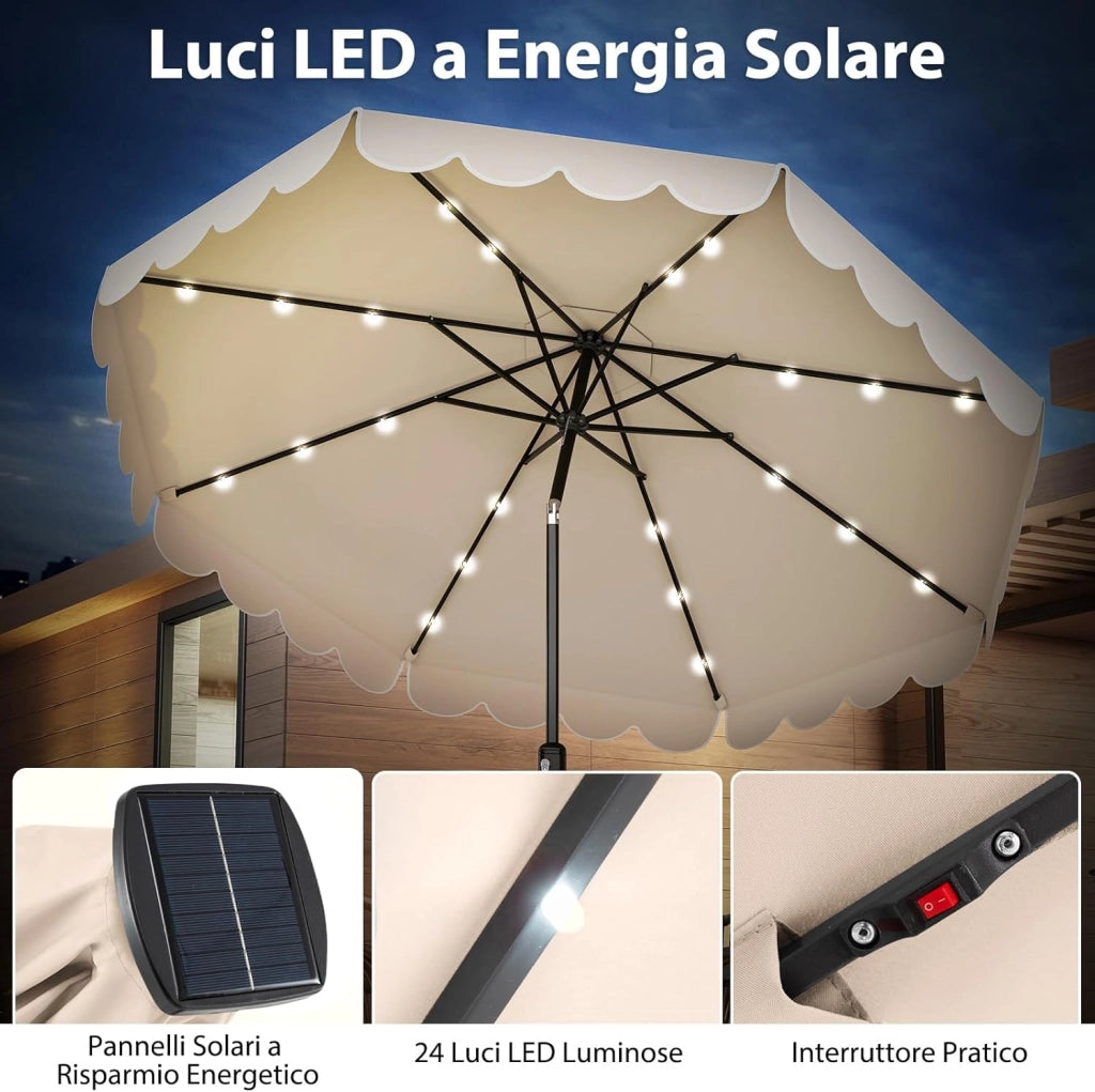 Ombrellone da Giardino 300 cm, con 24 Luci LED Solari, Inclinazione Regolabile, Manovella, 8 Stecche, Anti-UV, Top Ventilato, Idrorepellente, Giardino Piscina Patio (Beige)