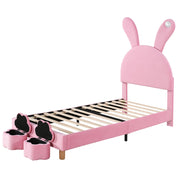 Letto Singolo 90x200 cm; con 2 bauli; LED e orecchie pieghevoli - in velluto rosa