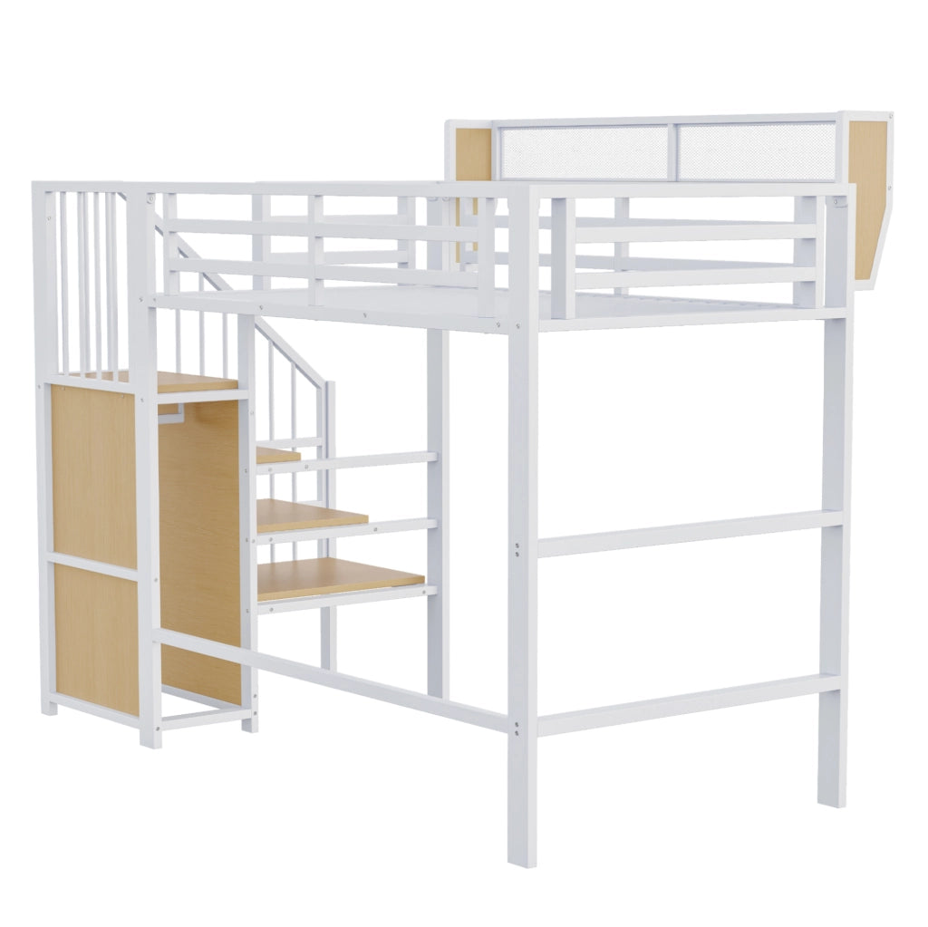 Letto a soppalco 90x200 in metallo bianco con scala di sicurezza e ripiano
