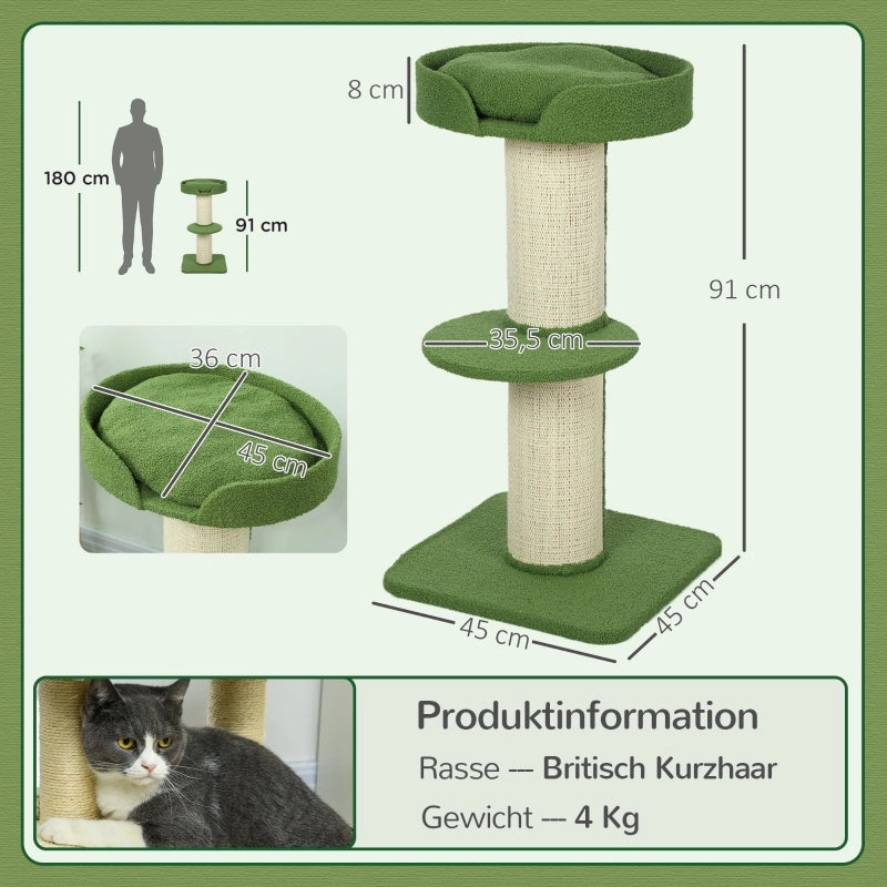 Albero tiragraffi per gatti 91 cm con piattaforma e cuccia, verde