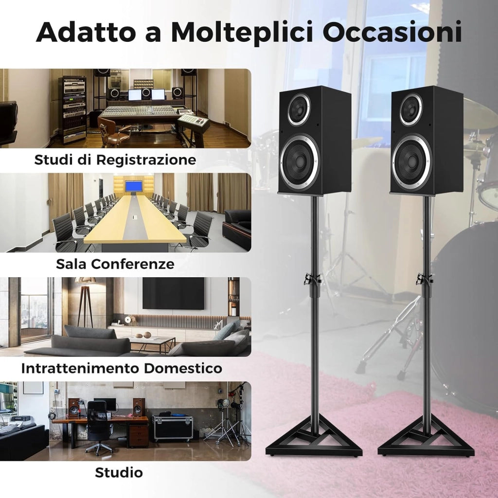 Supporti Regolabili in Metallo per Altoparlante da Terra, 2 Supporti per Casse con Base Triangolare Stabile, Adesivi Antiscivolo, Altezza Regolabile da 97-157 cm
