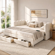 Divano letto con letto estraibile e cassetti, 90x190 cm, lino beige