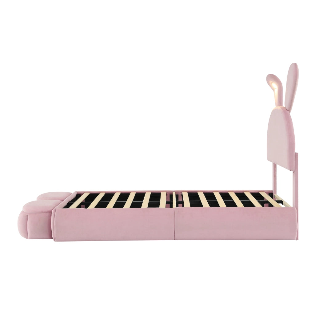Bunny Kids Bed;90x200 cm;with adjustable LED lights;stools;pink velvet