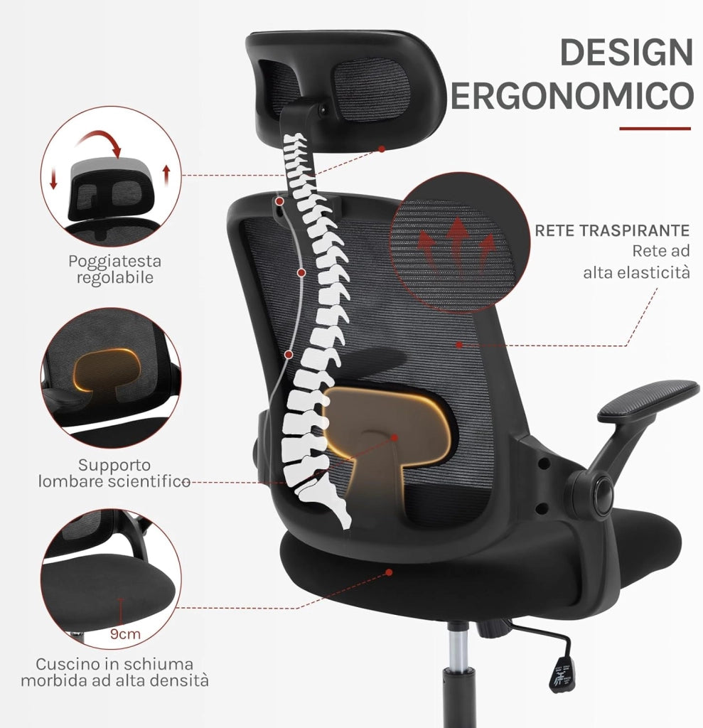 Sedia Ufficio Ergonomica con Poggiatesta e Braccioli Regolabili, Supporto Lombare, Poltrona Scrivania Girevole in Rete Traspirante Funzione Dondolo, Nero