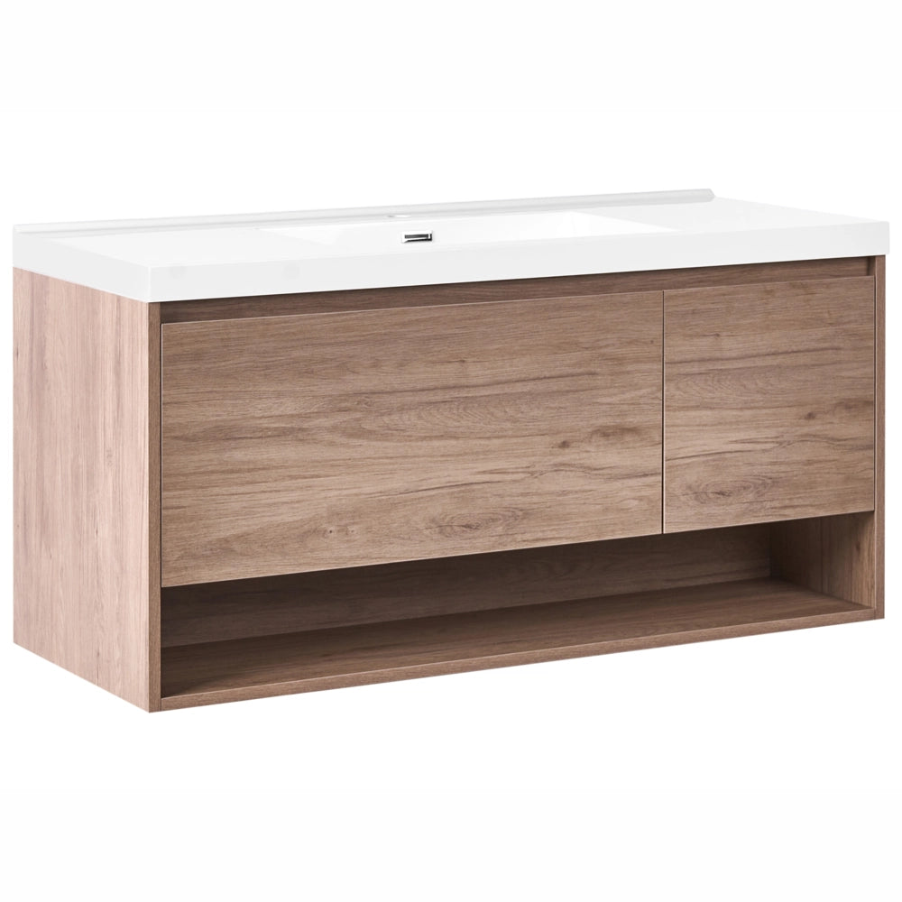 Mobile bagno sospeso con lavabo 1 cassetto frontale e 2 ripiani 120 x 50 cm marrone chiaro