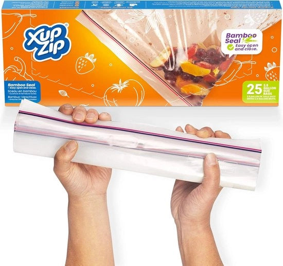 Set di sacchetti di congelazione in plastica di bamboo Seal - Dimensione grande 25 UK Gallon - Riciclabili - Sacchetti aereostatici - Cerniera di bamboo resistenti alle fughe - Sacchetti di congelazione a chiusura ermetica BPA-free Heavy Duty