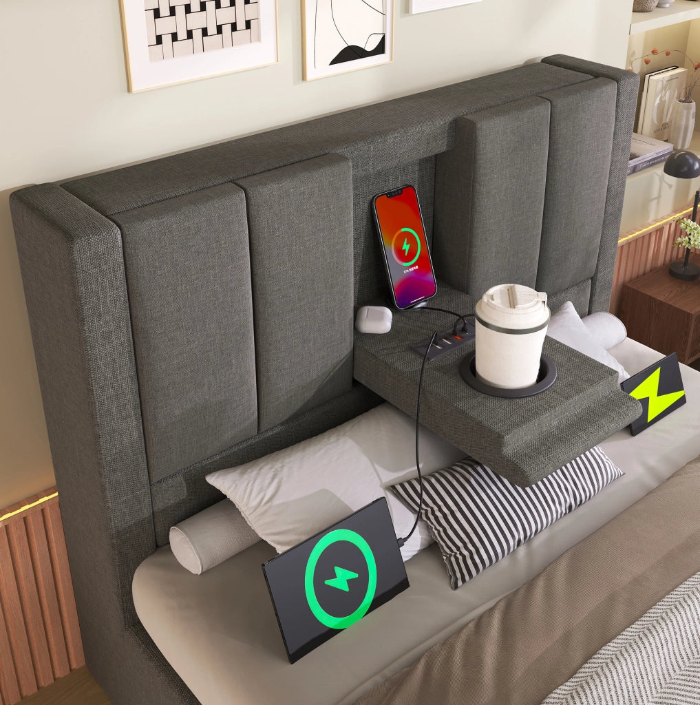 Letto imbottito 90x200 cm con materasso; contenitore idraulico; USB e Type-C; lino grigio