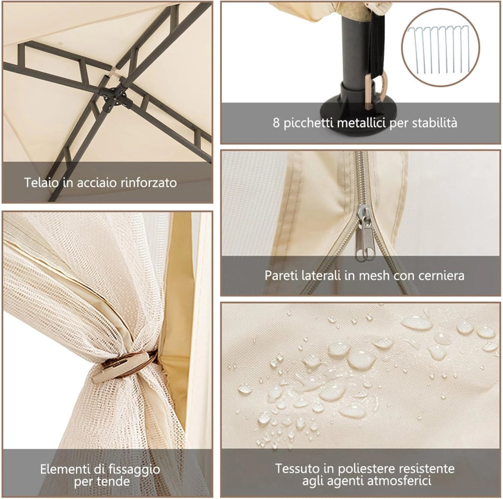 Gazebo da Giardino con Zanzariera 3 x 3 m, Struttura in Acciaio e 4 Tendine Poliestere Laterali (Beige)