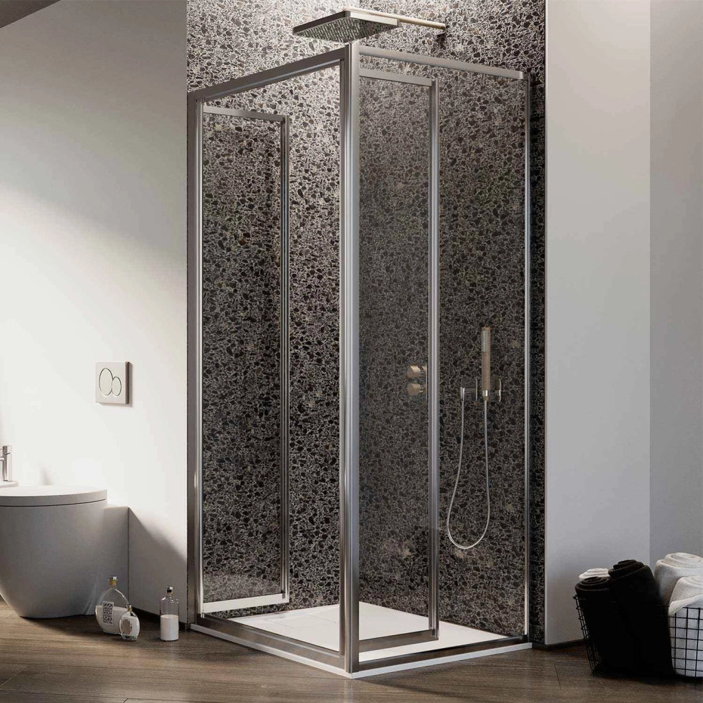 Box Doccia Angolare 75x90CM H185 Cristallo Trasparente Fisso+Saloon 2 Ante Battente 90 mod. Clint