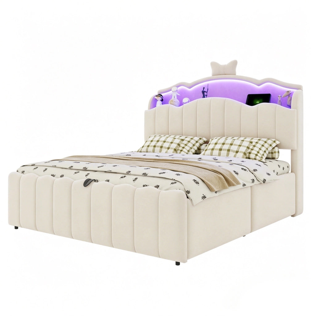 Letto per bambini imbottito 140x200 cm in velluto beige con contenitore; LED e porte USB