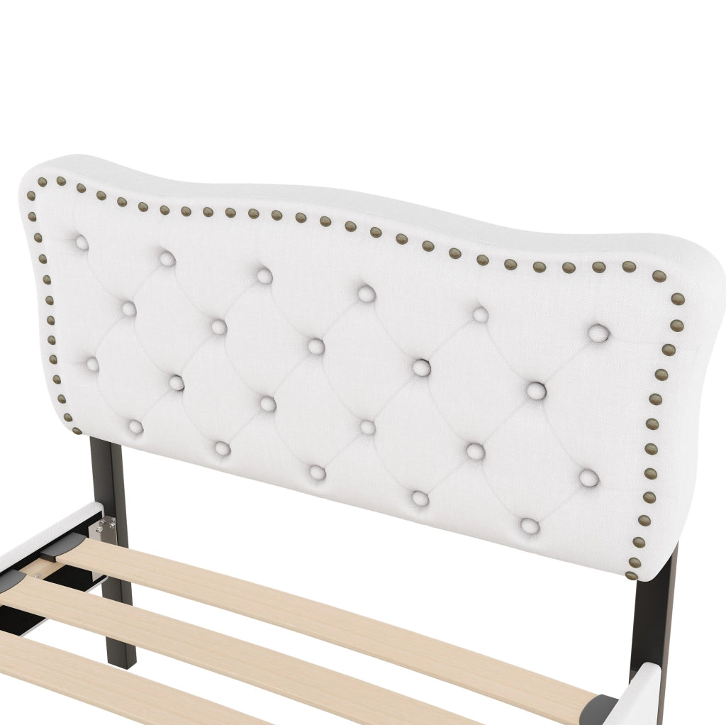 Letto imbottito 90x200 cm con 2 cassetti e testiera regolabile; MDF e lino; beige chiaro
