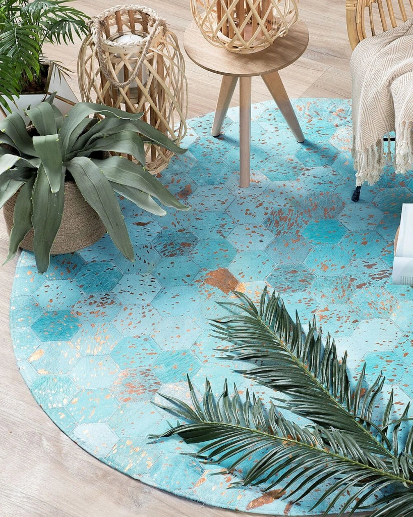 Tappeto Blu Pelle 140 cm Moderno Patchwork Turchese Motivo A Nido D'ape Tappeto Intrecciato A Mano Rotondo
