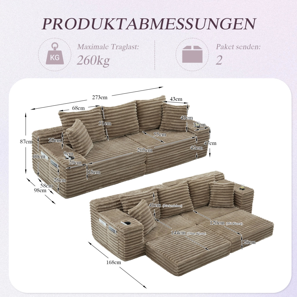 Divano componibile trasformabile in divano letto con tasche laterali e portabicchieri; 273 cm; corduroy khaki