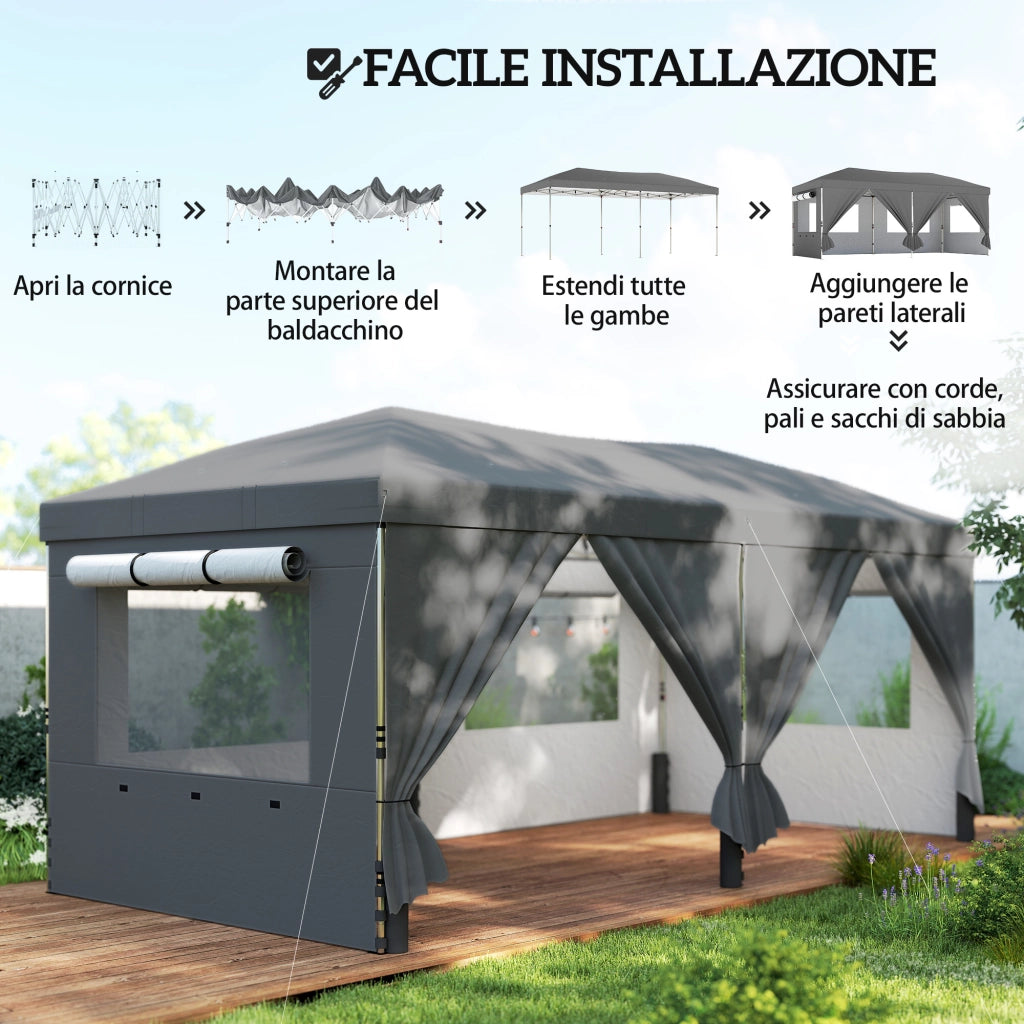 Gazebo Pieghevole 6 Pareti ¨C zephmum ¨C Grigio Scuro Metallo Tessuto Oxford 3x6 m